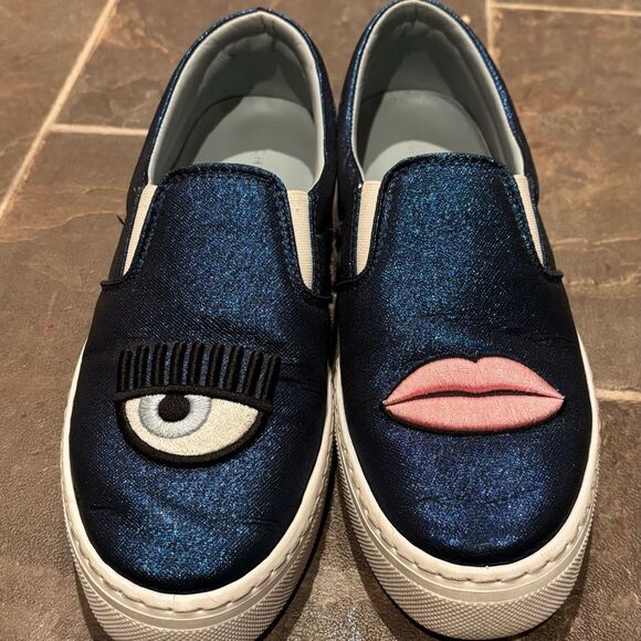 Chiara Ferragni Navy Metallic Eye & Lips Slip-On Sneakers Designer Shoes Size 8 - Picture 1 of 5